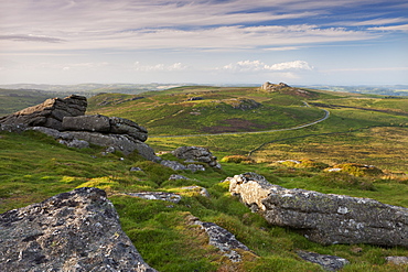 View towards Haytor and Saddle Tor from Rippon Tor, Dartmoor, Devon, England, United Kingdom, Europe