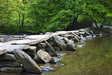 Tarr Steps, an ancient clapper bridge in Exmoor National Park, Somerset, England, United Kingdom, Europe