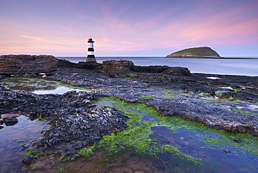 Dusk over Penmon Point Lighthouse and Puffin Island, Isle of Anglesey, Wales, United Kingdom, Europe