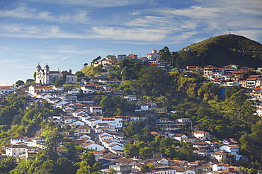 View of Santa Efigenia dos Pretos Church and hillside houses, Ouro Preto, UNESCO World Heritage Site, Minas Gerais, Brazil, South America 