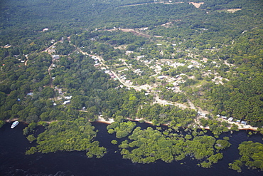 Aerial view of settlement in Amazon rainforest along the Rio Negro, Manaus, Amazonas, Brazil, South America 