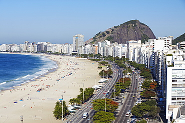 View of Copacabana beach and Avenida Atlantica, Copacabana, Rio de Janeiro, Brazil, South America 