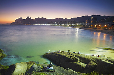 View of Ipanema beach at sunset from Ponta do Arpoador, Ipanema, Rio de Janeiro, Brazil, South America 