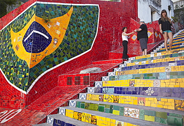 Tourists on Selaron Steps (Escadaria Selaron), Lapa, Rio de Janeiro, Brazil, South America 