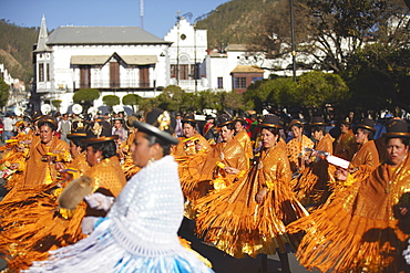 Women dancing in festival in Plaza 25 de Mayo, Sucre, UNESCO World Heritage Site, Bolivia, South America