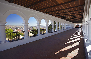 Arched walkway in Plaza Anzures, Sucre, UNESCO World Heritage Site, Bolivia, South America