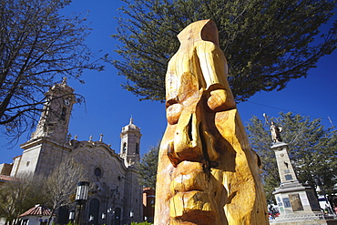 Wooden sculpture in Plaza 10 de Noviembre, Potosi, UNESCO World Heritage Site, Bolivia, South America