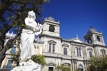 Statue outside Cathedral in Plaza Pedro Murillo, La Paz, Bolivia, South America