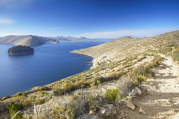 View of Inca ruins of Pilko Kaina on Isla del Sol (Island of the Sun), Lake Titicaca, Bolivia, South America