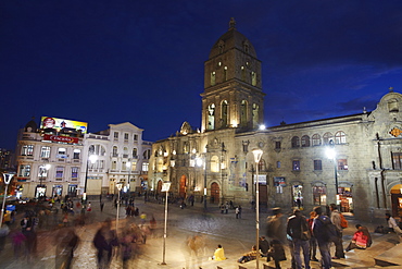 San Francisco Church in Plaza San Francisco at dusk, La Paz, Bolivia, South America