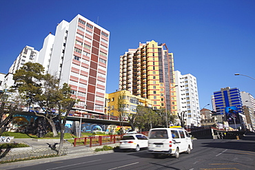 Skyscrapers and traffic along Avenida 16 de Julio (El Prado), La Paz, Bolivia, South America