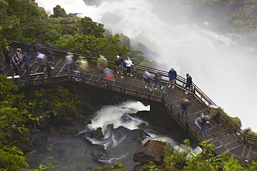 Tourists crossing bridge at foot of Bossetti Falls, Iguazu Falls, Iguazu National Park, UNESCO World Heritage Site, Misiones, Argentina, South America