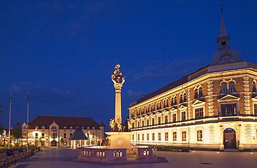 Trinity Column and high school in Main Square, Keszthely, Lake Balaton, Hungary, Europe