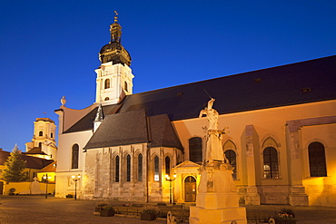 Basilica and Bishop's Castle at dusk, Gyor, Western Transdanubia, Hungary, Europe