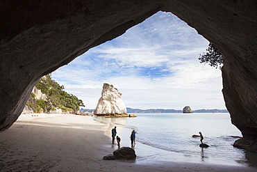 People at Cathedral Cove, Coromandel Peninsula, Waikato, North Island, New Zealand, Pacific