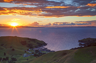 View of Kirita Bay and Firth of Thames at sunset, Coromandel Peninsula, Waikato, North Island, New Zealand, Pacific