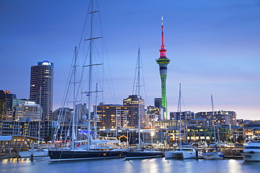 Viaduct Harbour and Sky Tower at dusk, Auckland, North Island, New Zealand, Pacific