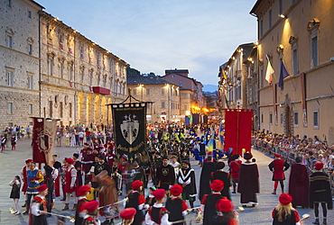 Procession of medieval festival of La Quintana in Piazza Arringo, Ascoli Piceno, Le Marche, Italy, Europe