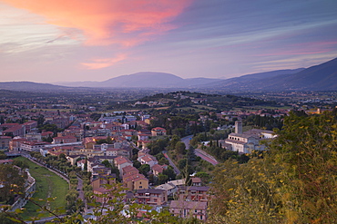 View of Church of St. Ponziano and Spoleto at sunset, Spoleto, Umbria, Italy, Europe