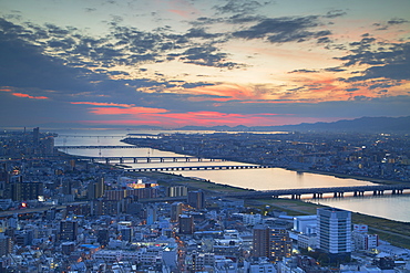 View of Yodo River and Osaka Bay at sunset, Osaka, Kansai, Japan, Asia