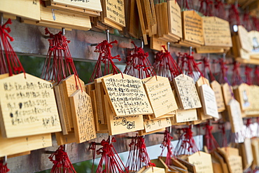 Ema (prayer cards) at Shinto shrine of Sumiyoshi Taisha, Osaka, Kansai, Japan, Asia