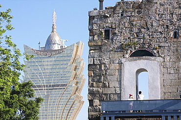 Ruins of Church of St. Paul with Grand Lisboa Casino in background, Macau, China, Asia