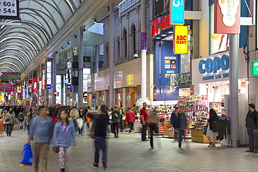 People walking along Hondori shopping arcade, Hiroshima, Hiroshima Prefecture, Japan, Asia