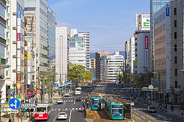 Trams and traffic, Hiroshima, Hiroshima Prefecture, Japan, Asia