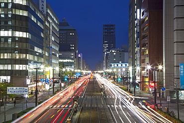 Downtown street at dusk, Hiroshima, Hiroshima Prefecture, Japan, Asia