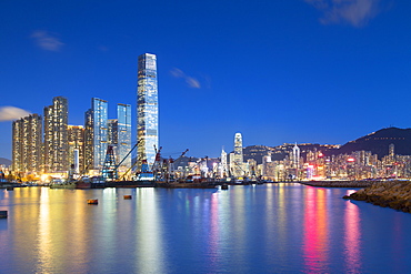 International Commerce Centre (ICC) and Yau Ma Tei Typhoon Shelter at dusk, West Kowloon, Hong Kong, China, Asia