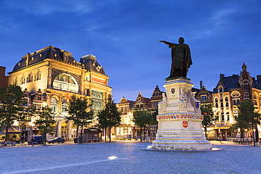 Friday Market Square (Vrijdag Markt) at dusk, Ghent, Flanders, Belgium, Europe