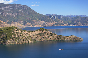 Boats on Lugu Lake, Yunnan, China, Asia