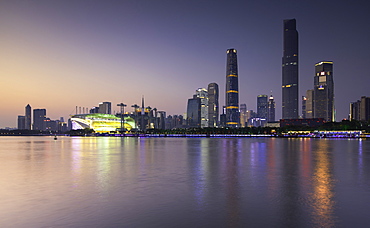 Skyline of Tianhe at dusk, Guangzhou, Guangdong, China, Asia