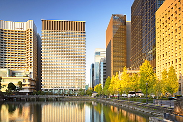 Skyscrapers of Marunouchi and Imperial Palace moat, Tokyo, Honshu, Japan, Asia