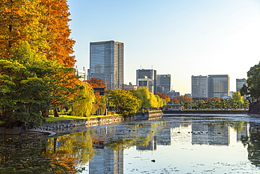 Skyscrapers of Marunouchi and moat of Imperial Palace, Tokyo, Honshu, Japan, Asia