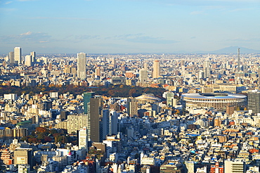 View of Tokyo Olympic Stadium and downtown, Tokyo, Honshu, Japan, Asia