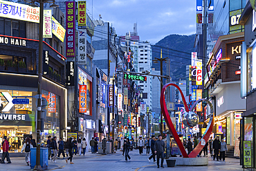 Shops on Seomyeon Young Street at dusk, Seomyeon, Busan, South Korea, Asia