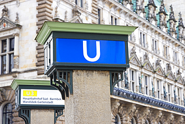 U-Bahn sign in front of Rathaus (Town Hall), Hamburg, Germany