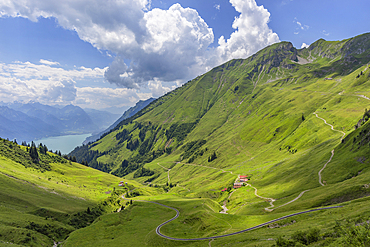 Brienz Rothorn railway climbing up from Lake Brienz, Brienz, Switzerland