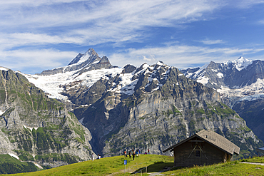 Cabin on First mountain with Shreckhorn mountain in the background, First, Jungfrau Region, Berner Oberland, Switzerland