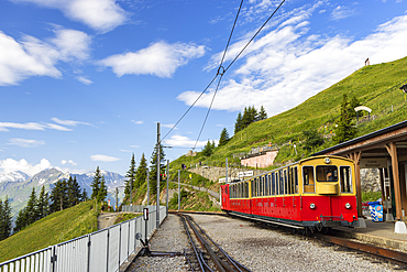 Train of cogwheel railway at Schynige Platte, Jungfrau Region, Bernese Oberland, Switzerland