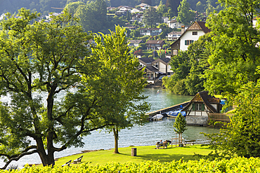 People at lakeside park, Spiez, Canton of Bern, Switzerland