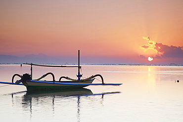 Boats on Sanur beach at dawn, Bali, Indonesia, Southeast Asia, Asia