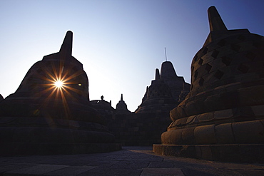 Stupas at Borobudur Temple at sunrise, UNESCO World Heritage Site, Java, Indonesia, Southeast Asia, Asia