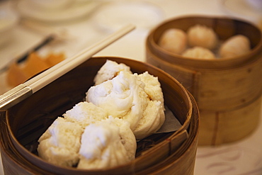 Cha siu bau (barbecued pork bun) at Maxim's dim sum restaurant, City Hall, Central, Hong Kong, China, Asia