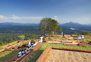 School children at summit of Sigiriya, UNESCO World Heritage Site, North Central Province, Sri Lanka, Asia