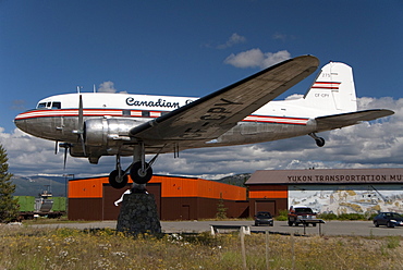 Airport, retired DC-3 aircraft atop a swivelling support, the world's largest weather vane, Whitehorse, Yukon, Canada, North America