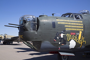 Marana Regional Airport, Wings of Freedom Tour, airshow, Consolidated B-24J Liberator, first flew in December 1939, nose view with 50 caliber M2 Browning machine guns, Marana, Arizona, United States of America, North America