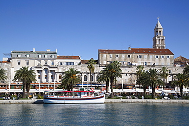 The Riva in the foreground and Cathedral of St. Dominus Tower in background, Split Harbor, Split, Dalmatia, Croatia, Europe