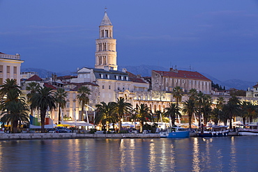 The Riva in the foreground and Cathedral of St. Dominus Tower in background at sunset, Split Harbor, Split, Dalmatia, Croatia, Europe